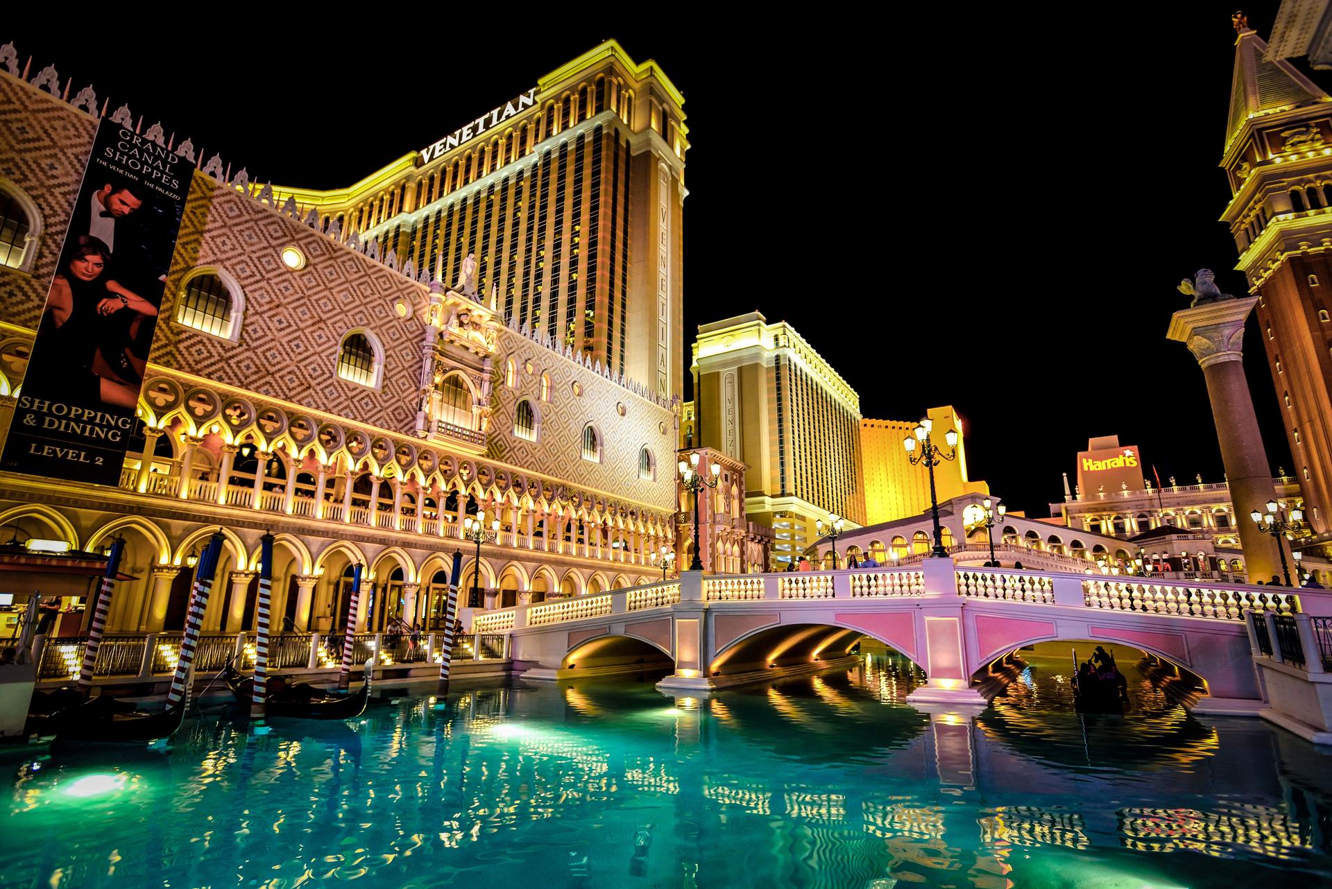 The Outdoor Canal and the Replica of Rialto Bridge by The Venetian in Las Vegas, Nevada